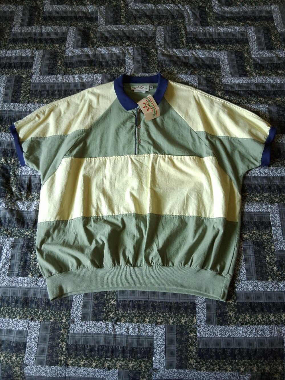 VTG 1990s Ouragan Green & Beige Pullover Short Sleeve Windbreaker Shirt 3XL New